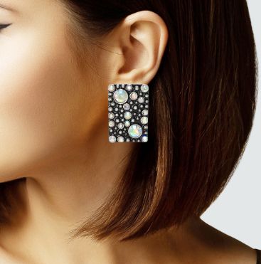 Silver Burnished/AB Rectangle Rhinestone Accent Earring