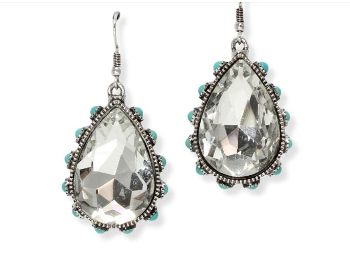 Silver Burnished/Turquoise Teardrop Rhinestone w/ Turquoise Stone Dangle Earring