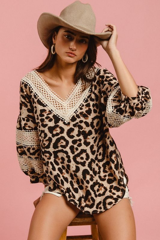 Leopard Woven Crochet Trim Combo V Neck Top
