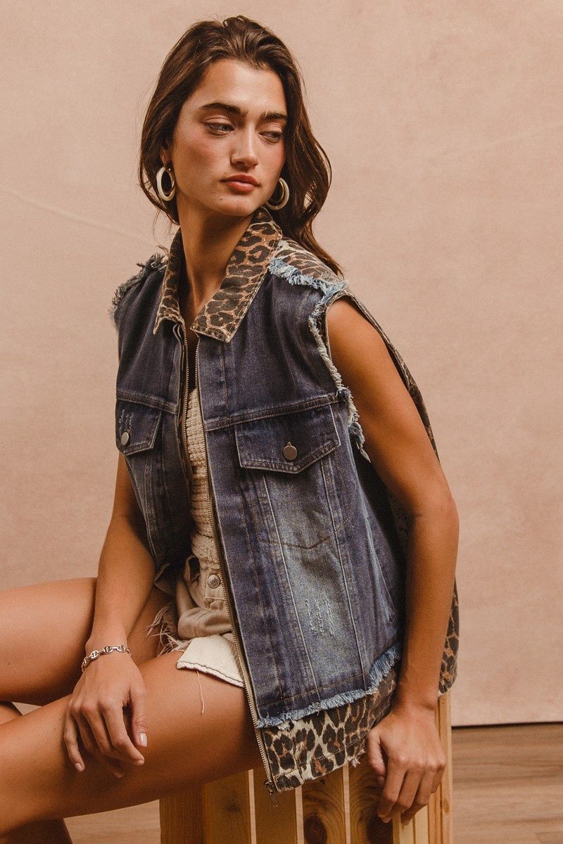 Leopard Mix &amp; Match Washed Sleeveless Denim Jacket