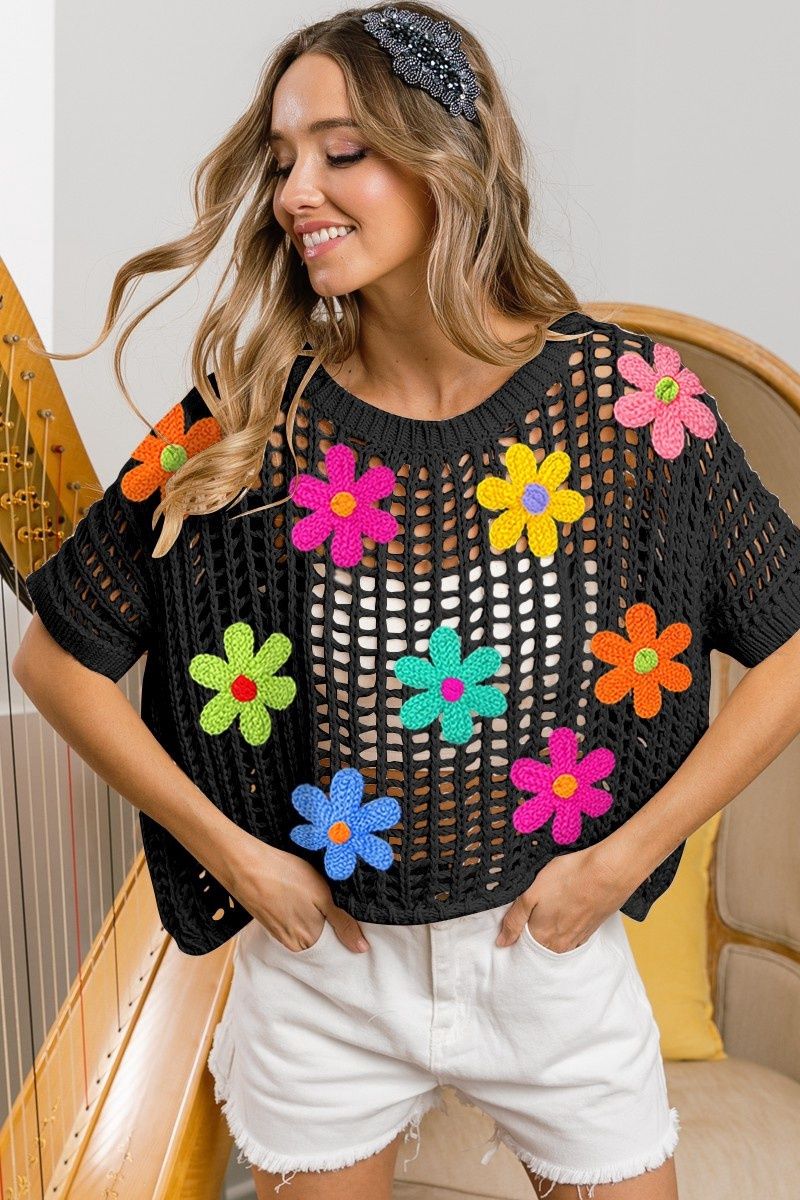 Flower Patches Net Sweater Top