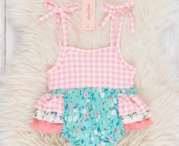 Teal &amp; Peach Gingham Garden Tie Ruffle Bubble