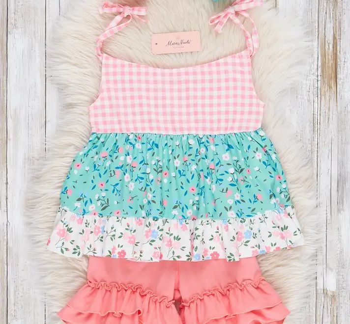 Teal &amp; Peach Gingham Garden Tie Ruffle Outfit
