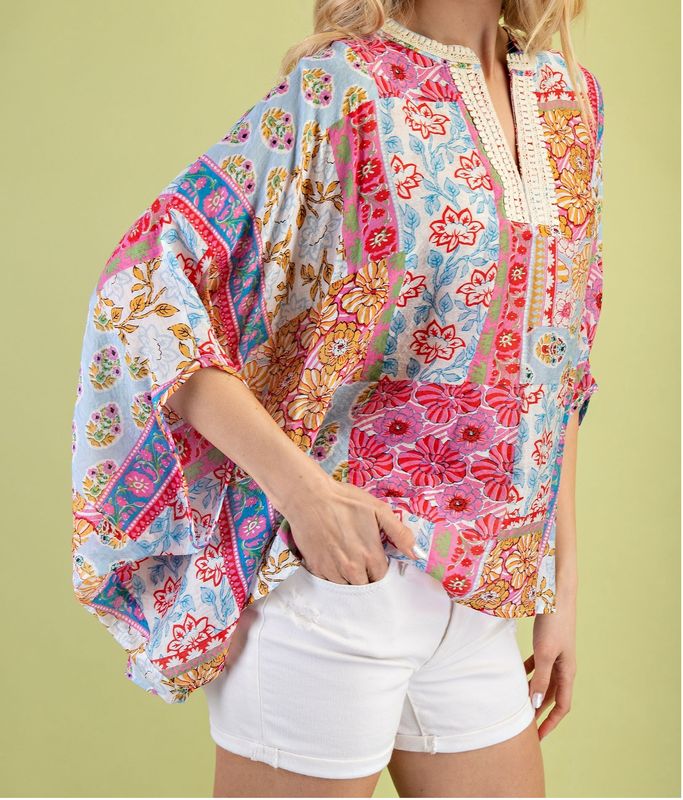 Mixed Print Dolman Sleeve Top