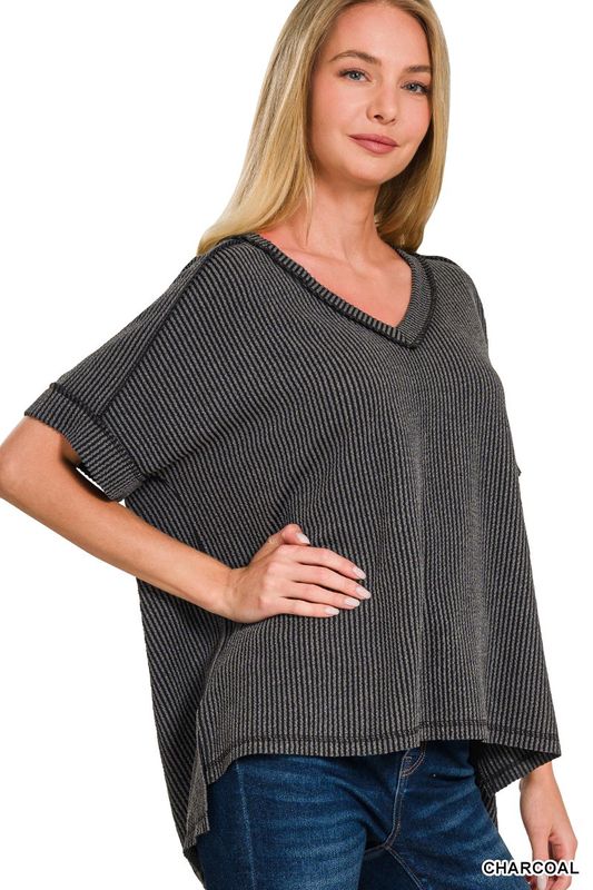 Corded Rib Short Sleeve Hi-Low V Neck Top
