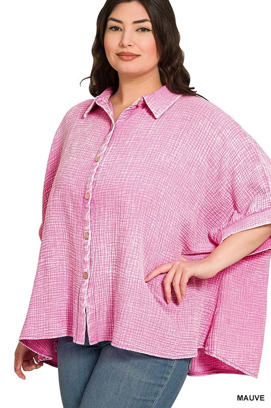 Washed Double Gauze Half Sleeve Shirt-Plus