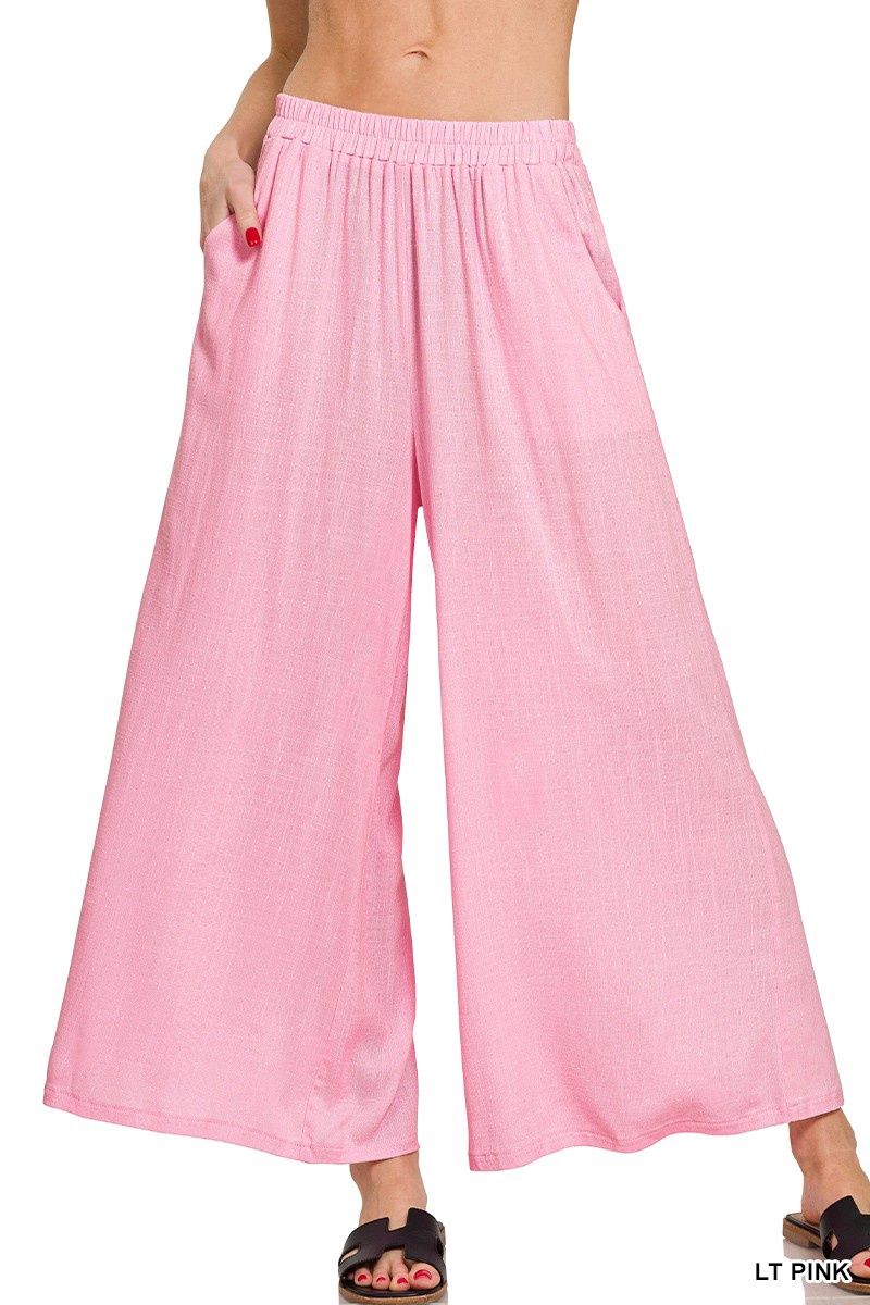 Woven Elastic Band Pants W/ Pockets- Lt Pink