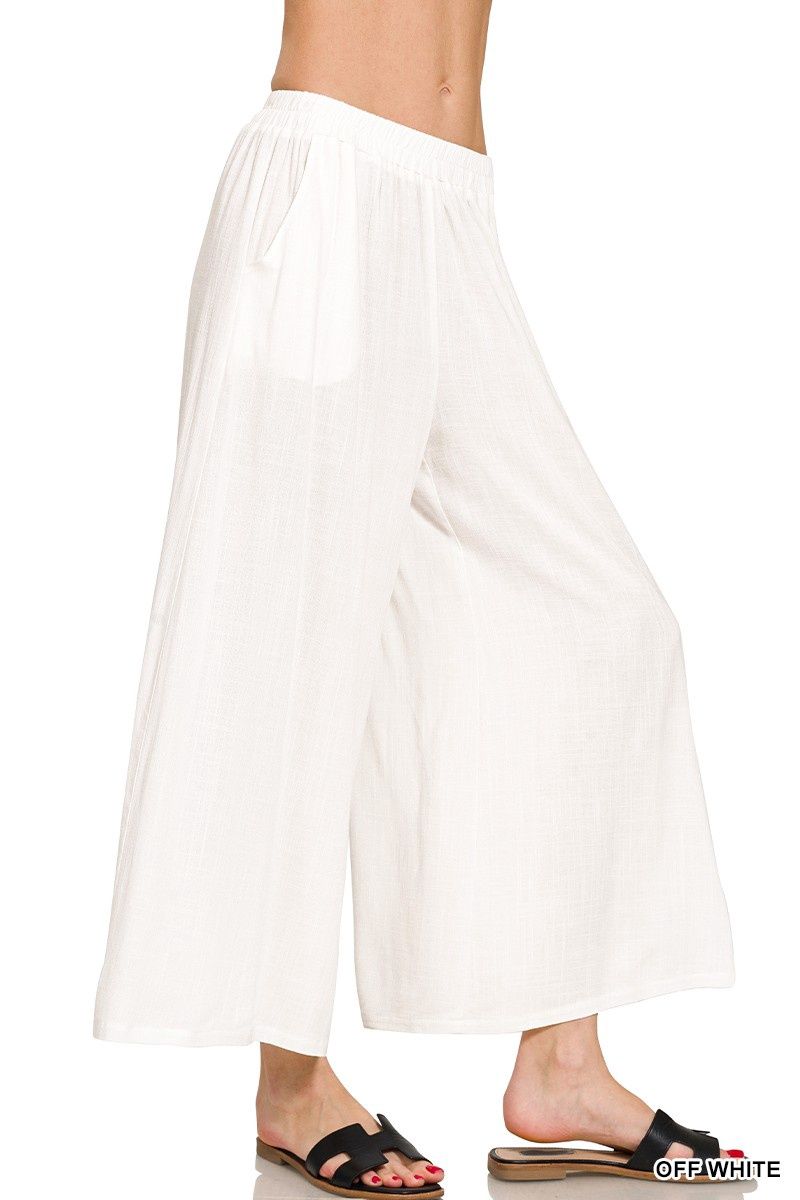 Woven Elastic Band Pants w/ Pockets- Off White