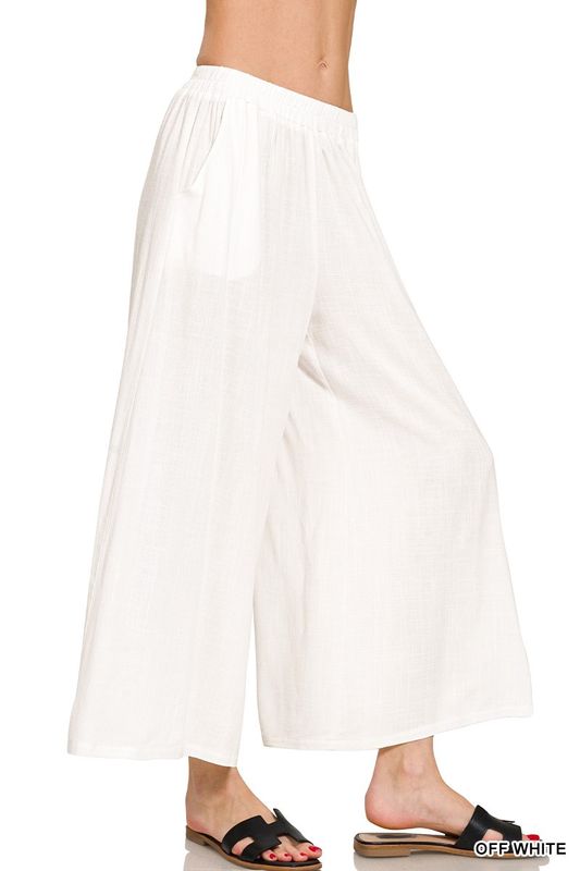 Woven Elastic Band Pants w/ Pockets- Off White