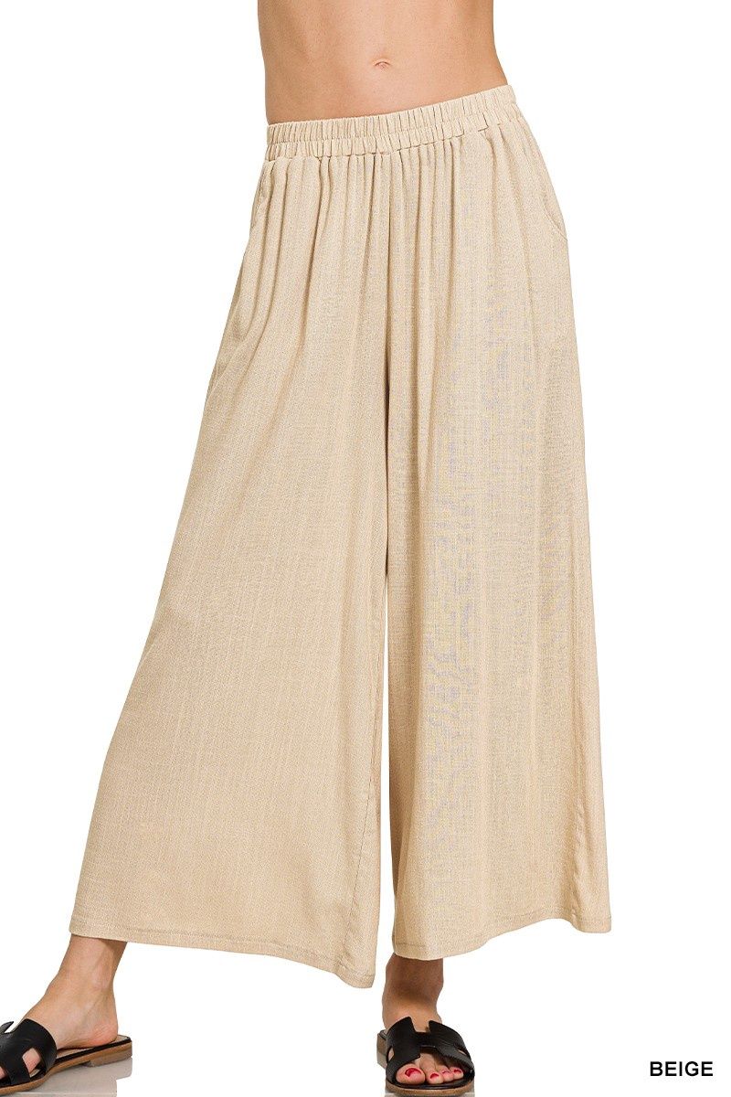 Woven Elastic Band Pants w/ Pockets- Sand Beige