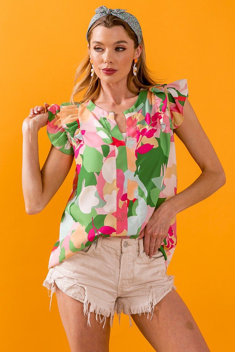 Floral Woven Ruffled V Neck Top