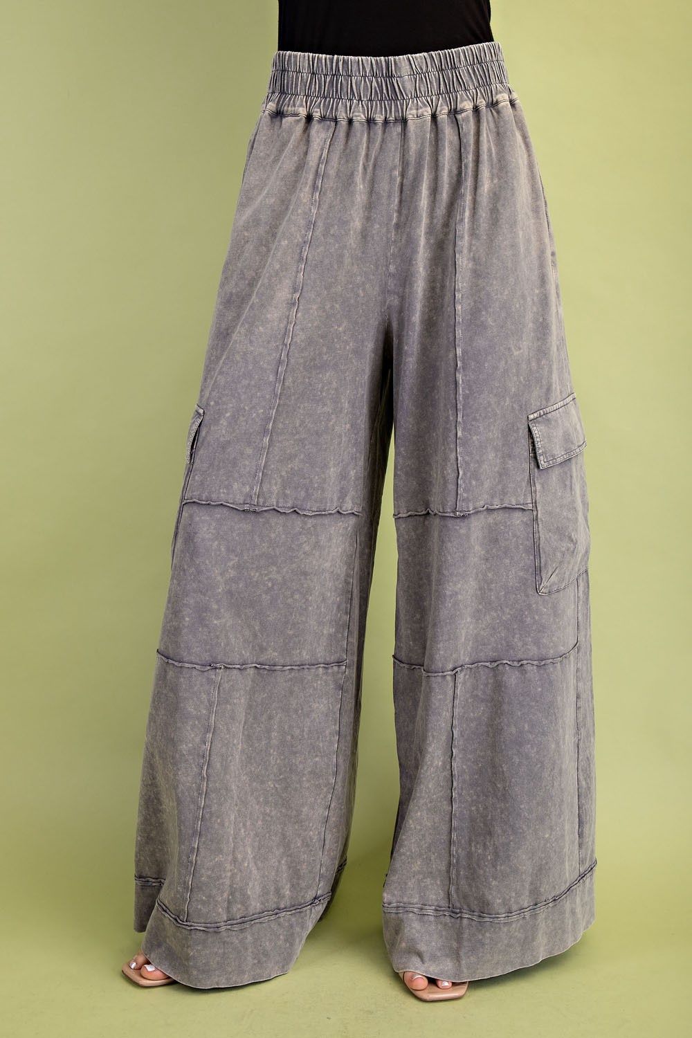 Mineral Washed Wide Leg Pants-Grey