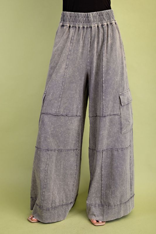 Mineral Washed Wide Leg Pants-Grey