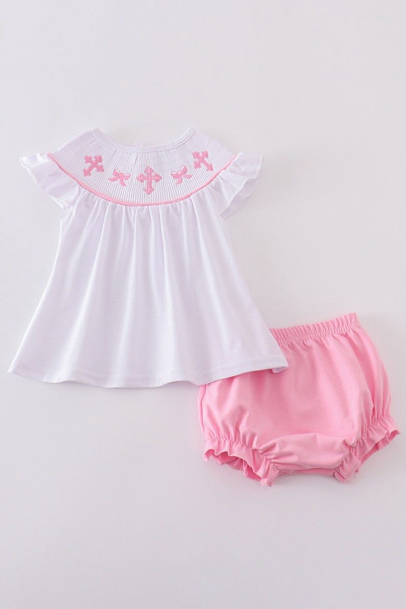 Pink Cross Embroider Smocked Bloomer Set