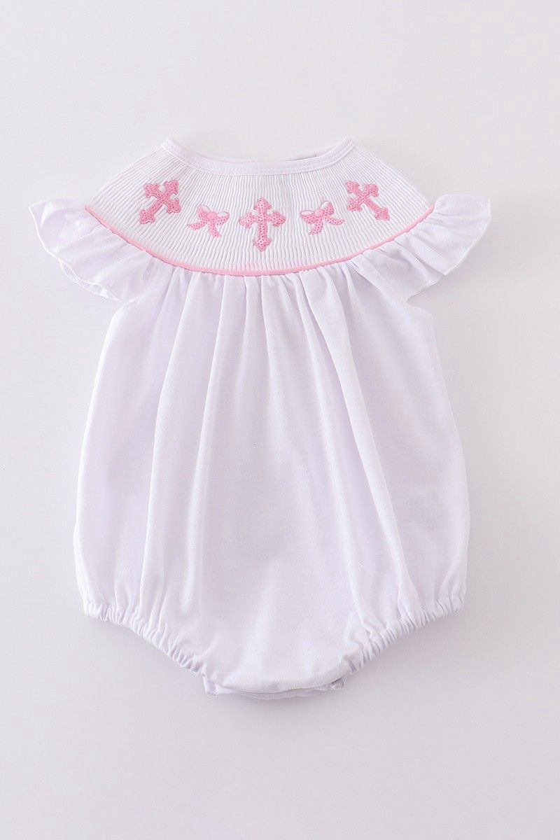 Pink Cross Embroider Smocked Bubble