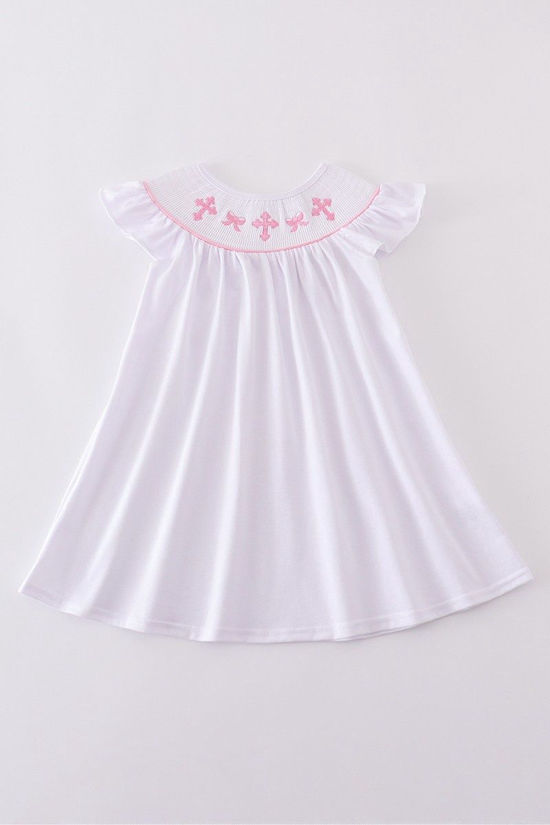 Pink Cross Embroider Smocked Dress