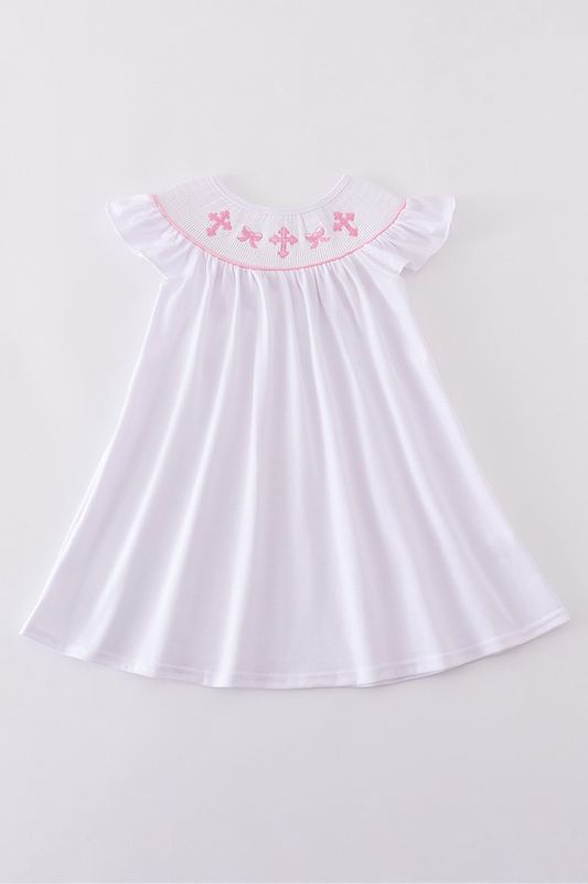 Pink Cross Embroider Smocked Dress