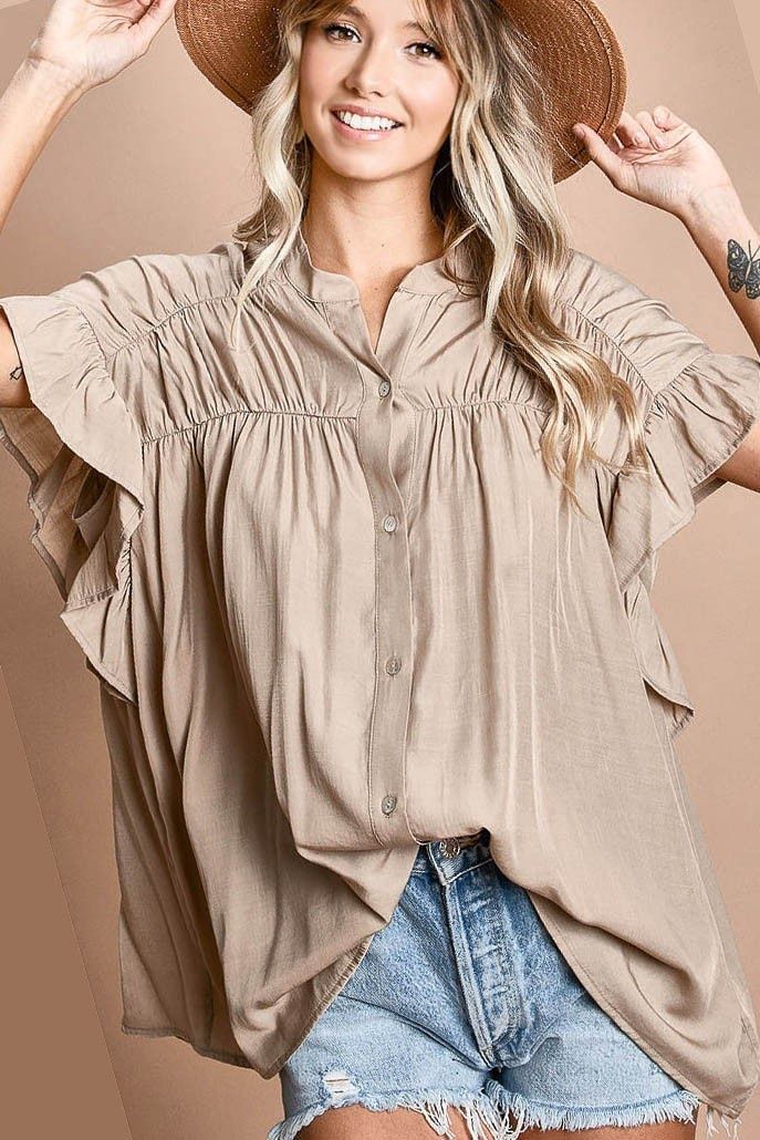 Loose Fit Button Up Silky Woven Shirred Shirt