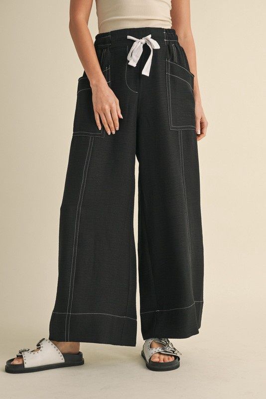 Drawstring Wide Leg Pants -Black