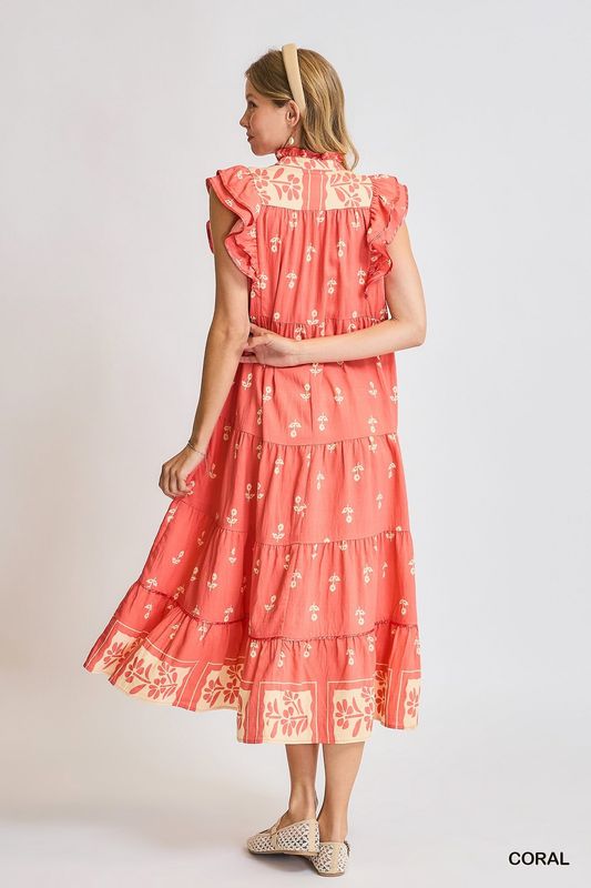 Coral Floral Tiered Ruffle Midi Dress Reg/Plus