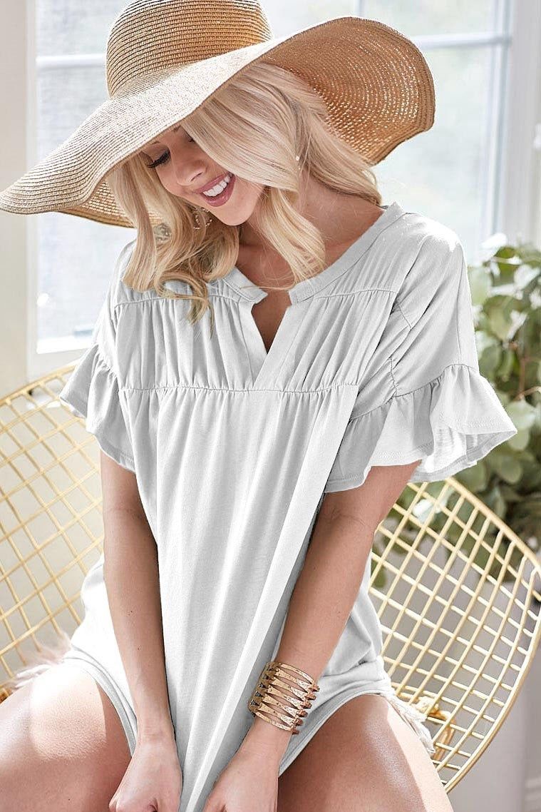 Cotton Span Knit w/ Shirring Detailed V Neck Top