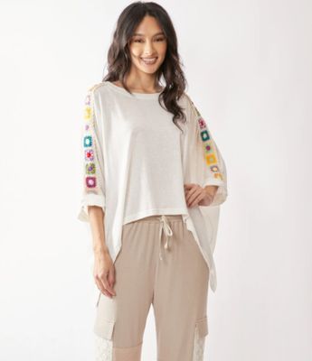 Drop Shoulder Batwing Crochet Trim Top