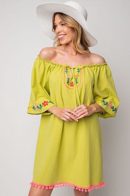 Half Sleeve Embroidery Pom Pom Dress