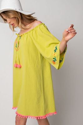 Half Sleeve Embroidery Pom Pom Dress