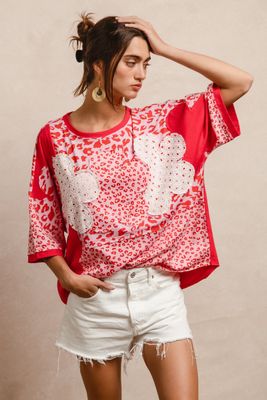 Floral Patchwork w/ Eyelet Leopard Prints Short Sleeve Top