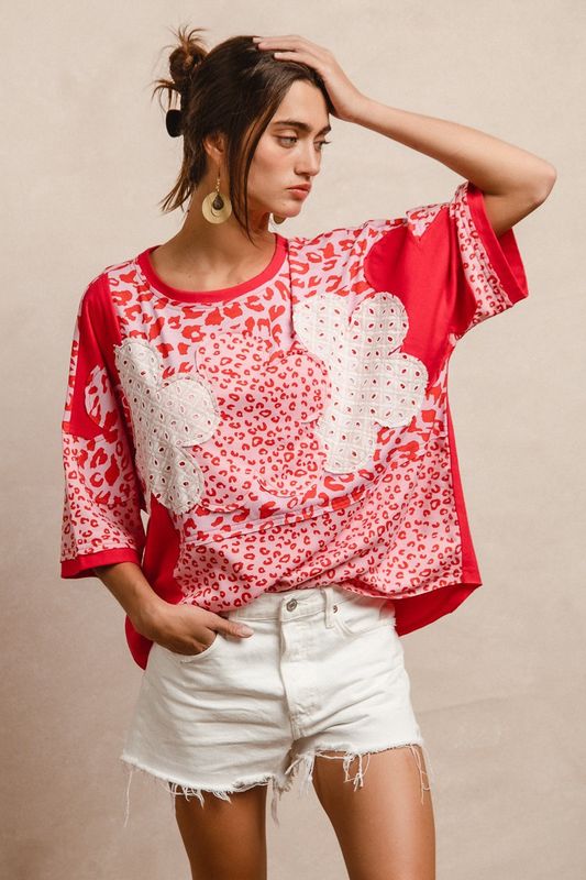 Floral Patchwork w/ Eyelet Leopard Prints Short Sleeve Top