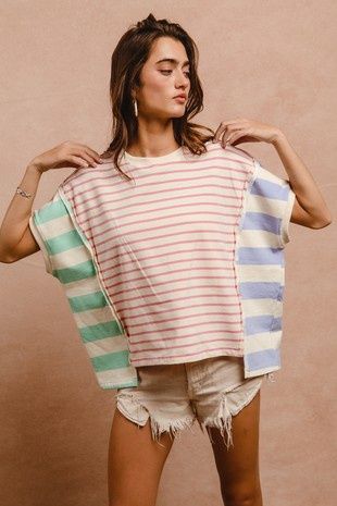Stripe Mixed Loose Fit Top W/ Slit Detail