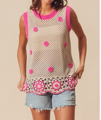 Flower Embellished Crochet Vest Top
