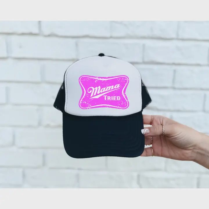 Mama Tried Black &amp; White Trucker Hat/Hot Pink Ink