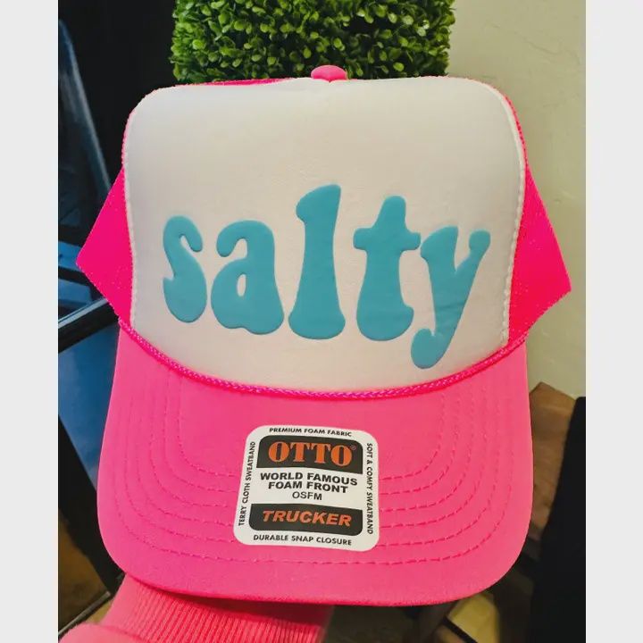 Salty Turquoise Blue Puff Neon Pink &amp; White Trucker Hat