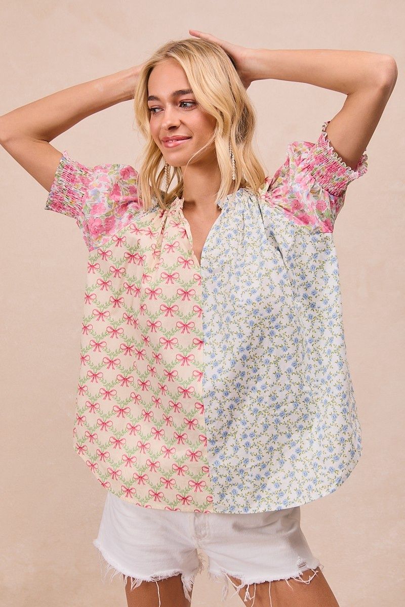 Floral And Bow Prints Mixed Puff Sleeves Top