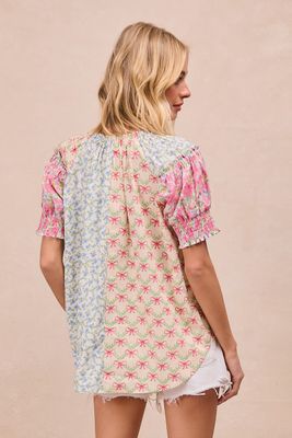 Floral And Bow Prints Mixed Puff Sleeves Top