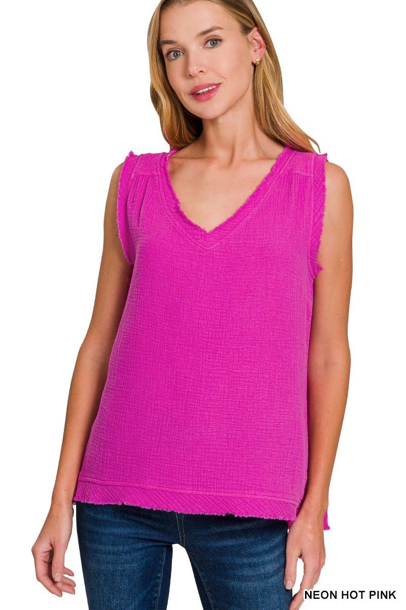 Double Gauze Raw Edge V-neck Tank Top