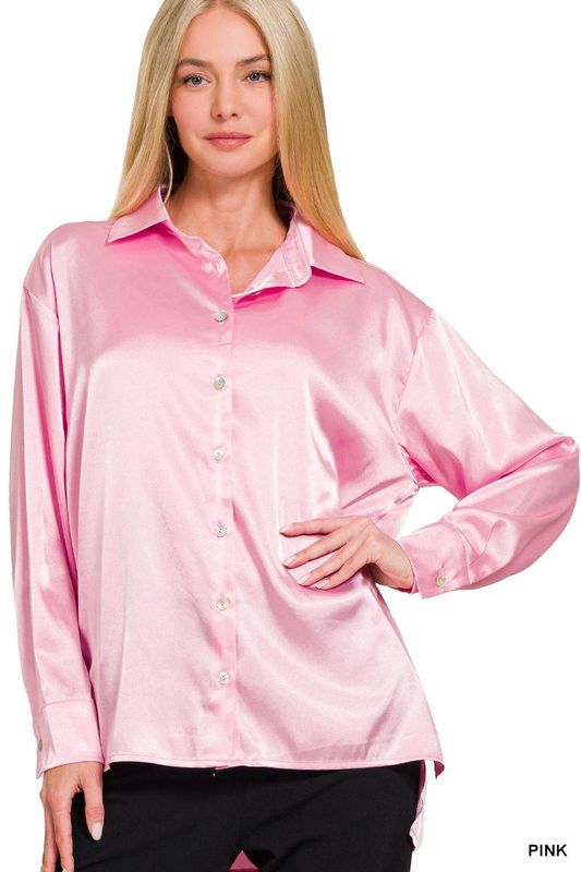 Satin Button Down Shirt - Pink