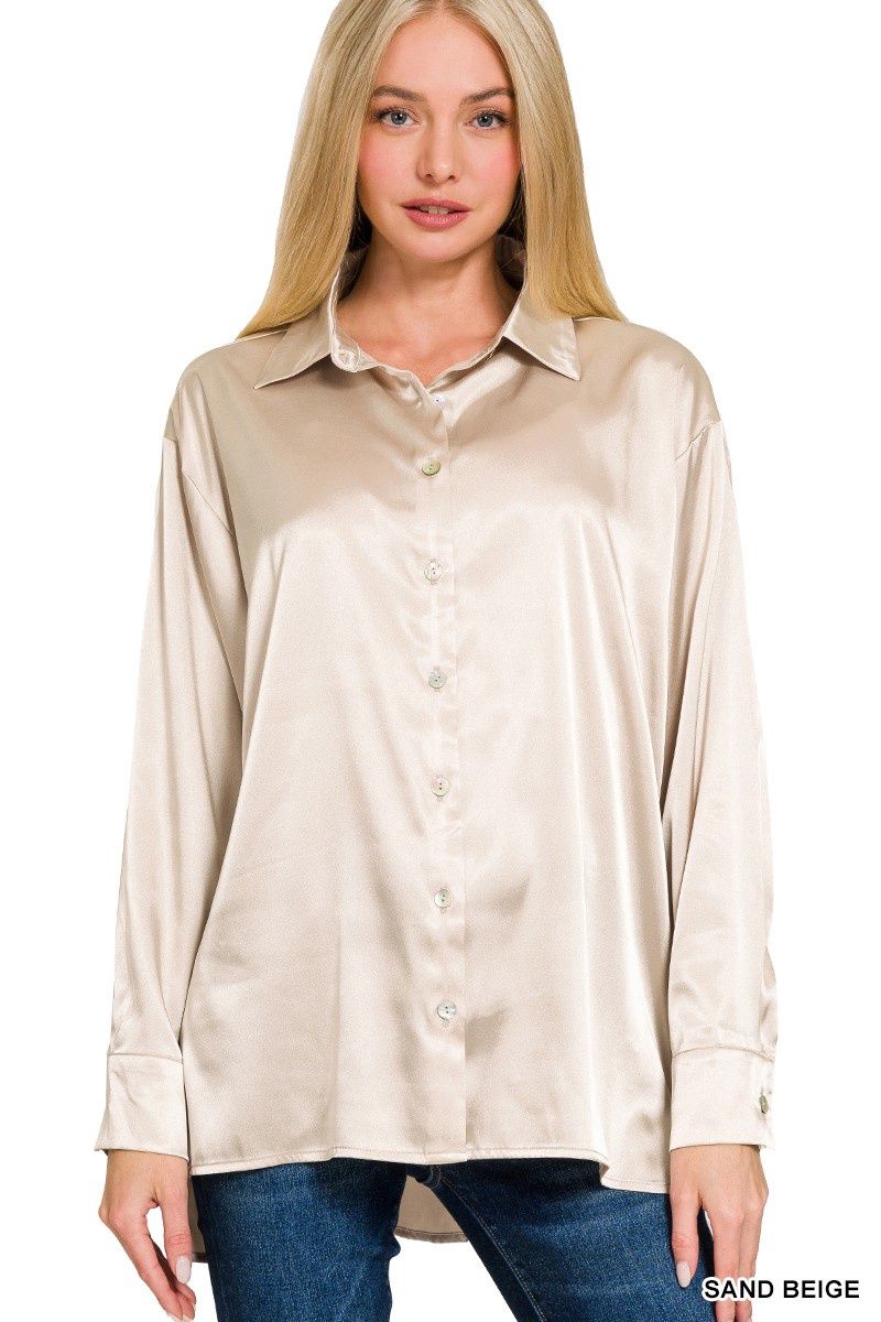 Satin Button Down Shirt -Beige