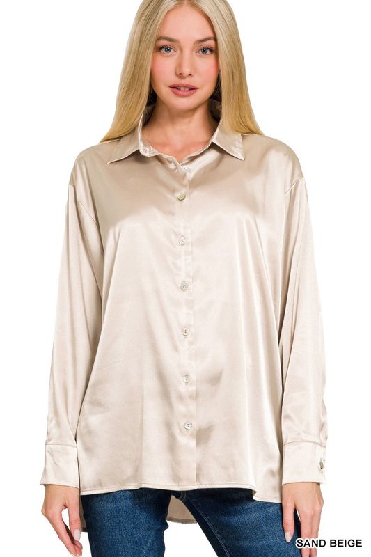 Satin Button Down Shirt -Beige