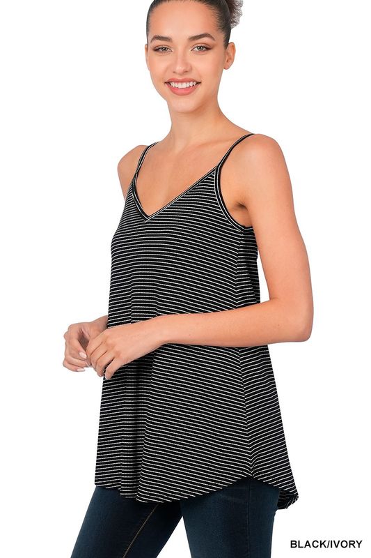 Stripe V-neck Spaghetti Cami Tank -Blk