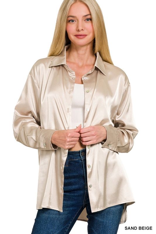 Satin Button Down Shirt -Beige