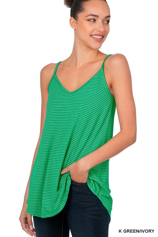 Stripe V-neck Spaghetti Cami Tank - Grn