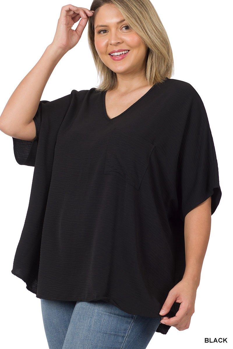 Woven Airflow V-neck Dolman Short Sleeve Top PLUS