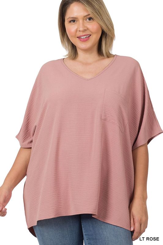 Woven Airflow V-neck Dolman Short Sleeve Top PLUS
