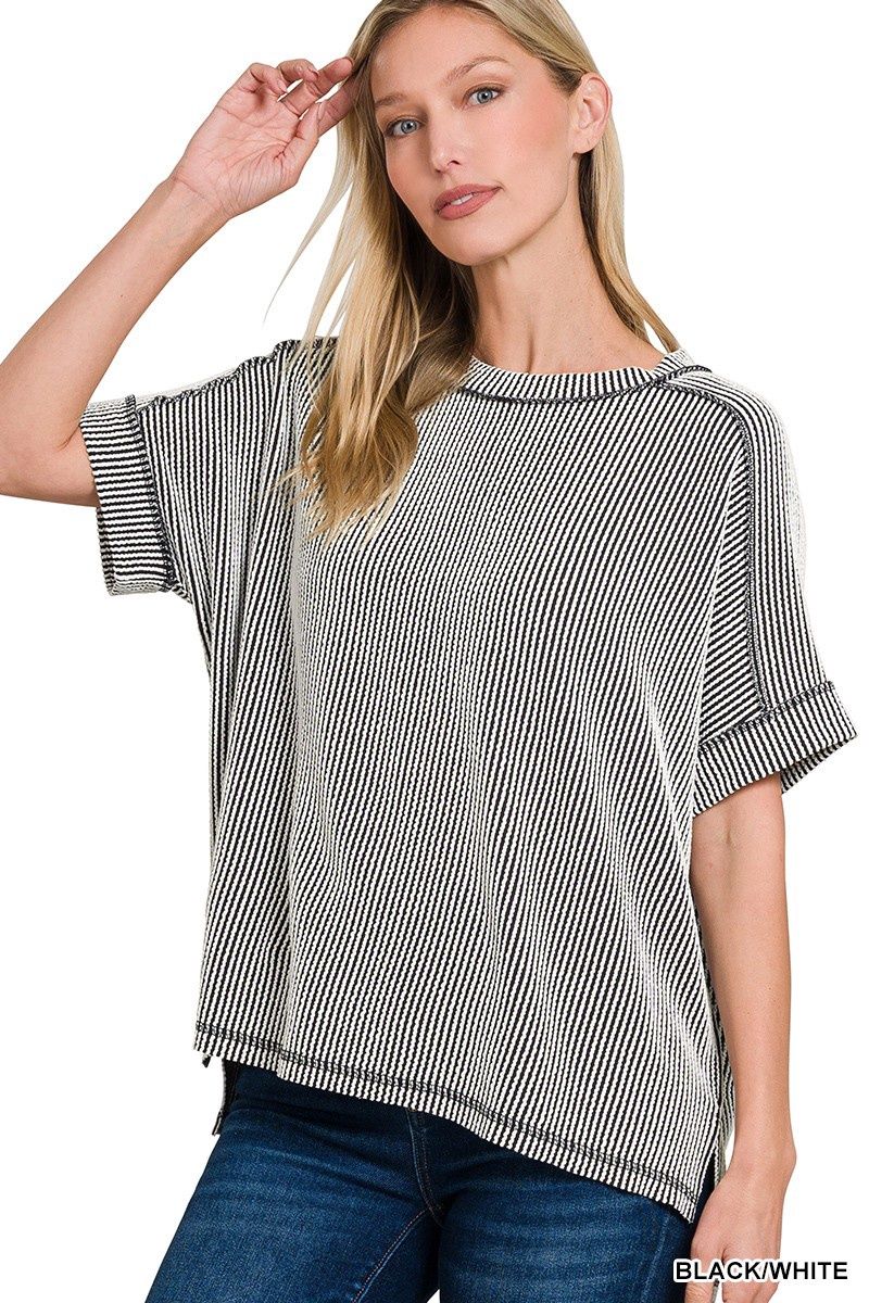 Ribbed Short Sleeve Cuffed Raw Edge Top-Blk