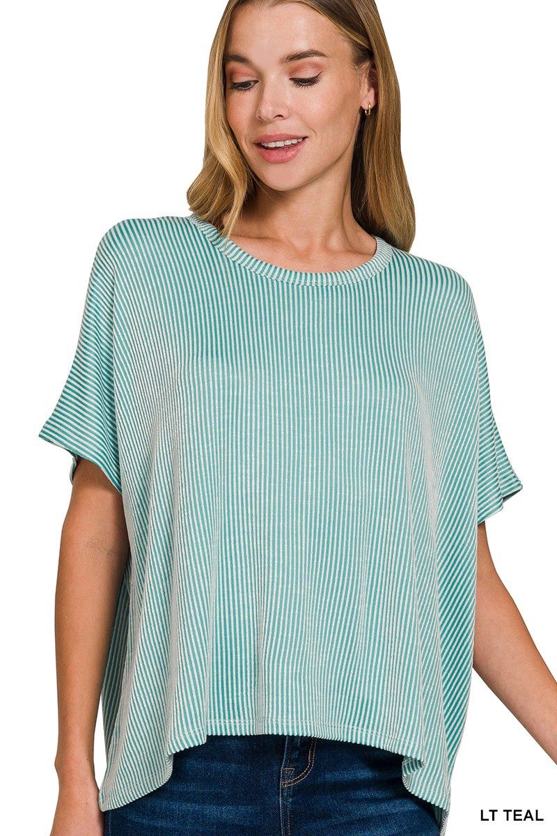 Ribbed Striped Oversized Short Sleeve Top