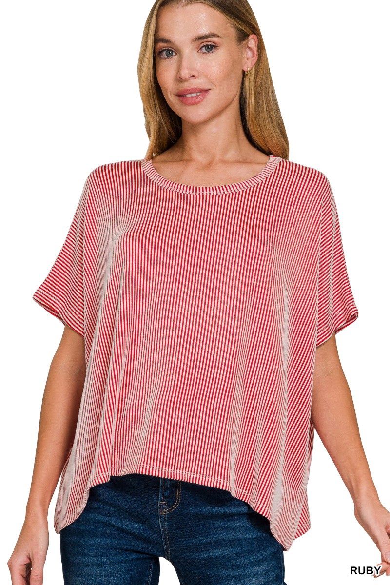 Ribbed Striped Oversized Short Sleeve Top Reg/Plus