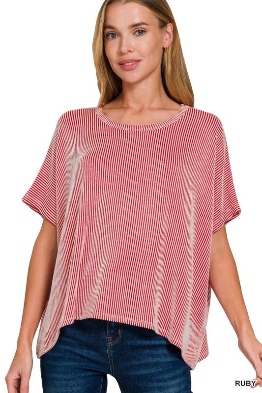 Ribbed Striped Oversized Short Sleeve Top Reg/Plus