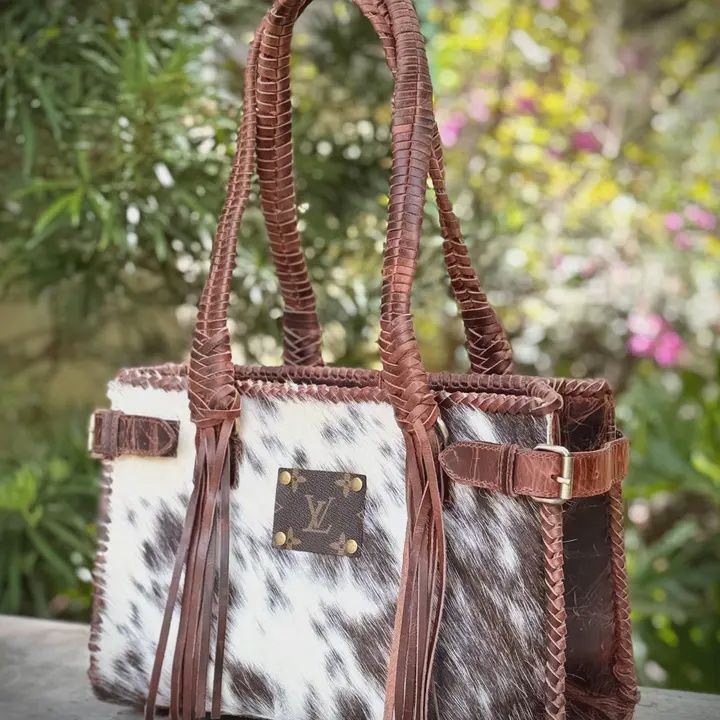 Upcycled LV Cowhide Leather Fringe Shoulder Bag